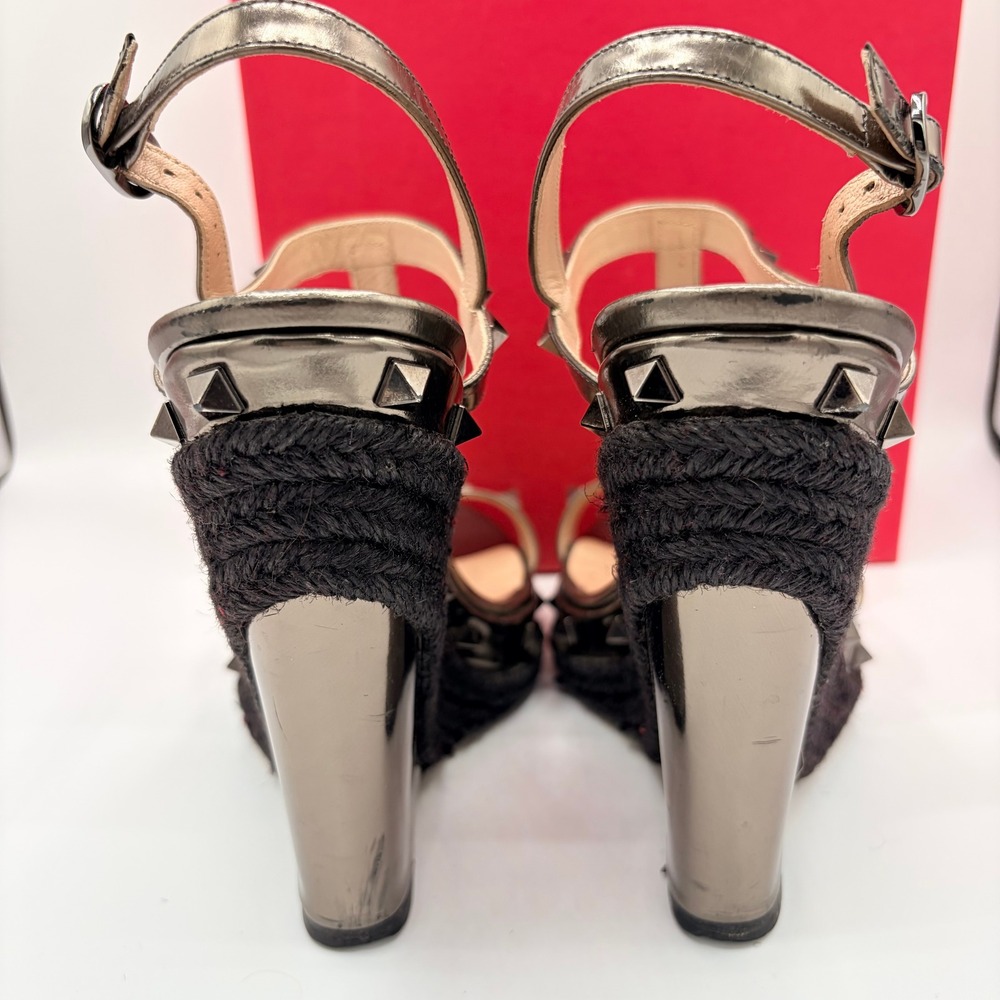 Valentino Rockstud Wedge Sandals 39.5 Gunmetal Metallic Espadrille Heels Box Bag - Picture 8 of 10